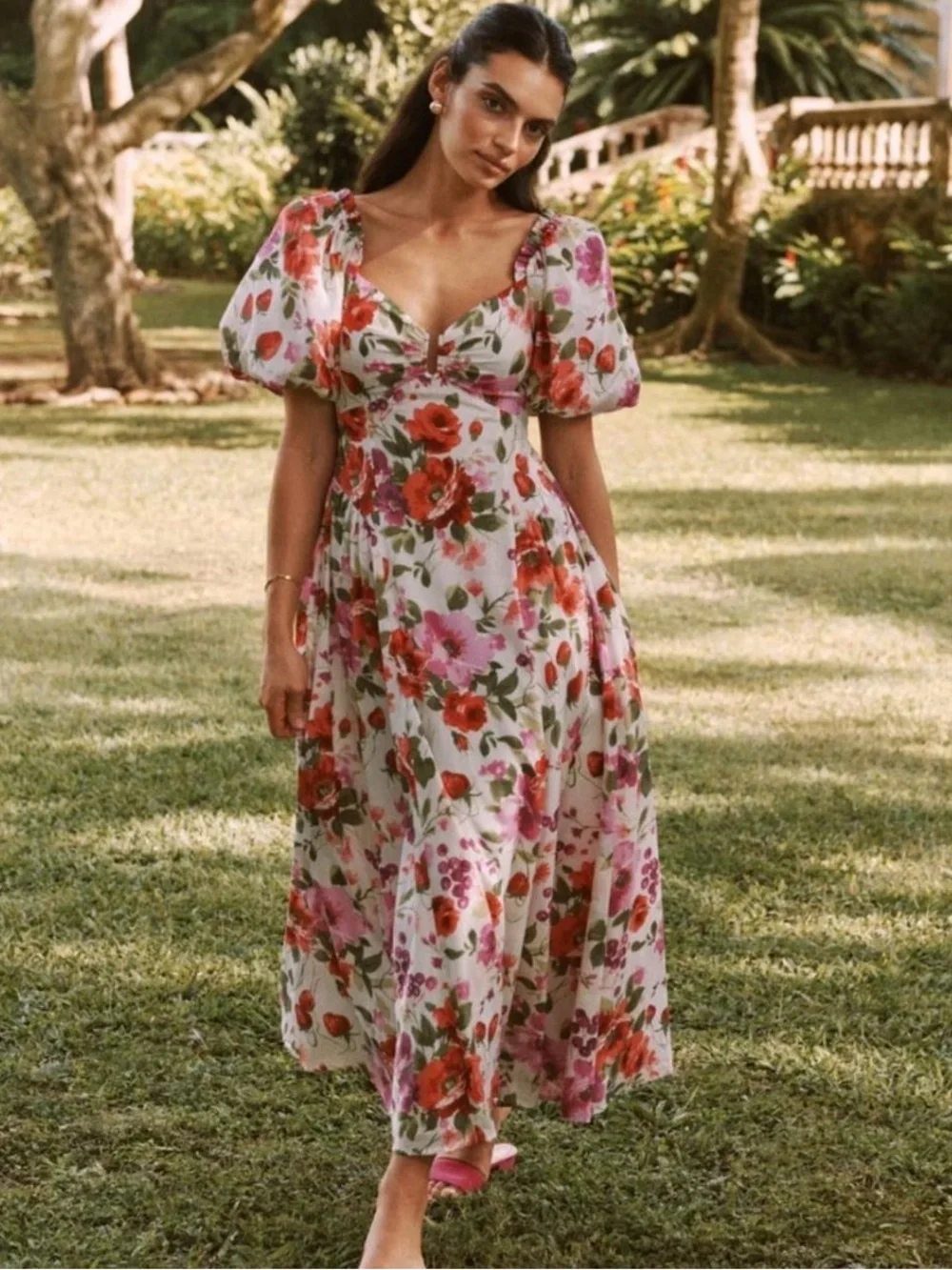 Abercrombie & Fitch Drama Puff Sleeve Maxi Dress in a vibrant red & pink floral